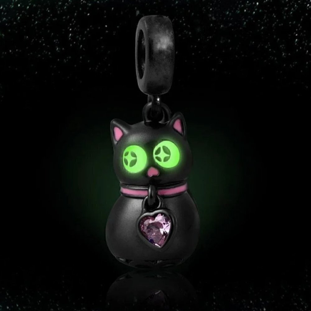 Sterling Silver Black Enamel Cat Charm Glow Eyes Pink Heart